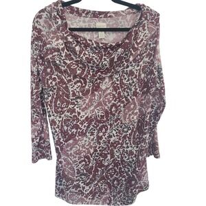 Zenergy by Chicos Womens Burgundy Paisley Cowl Neck 3/4 Sleeve Tunic Sz 1‎
